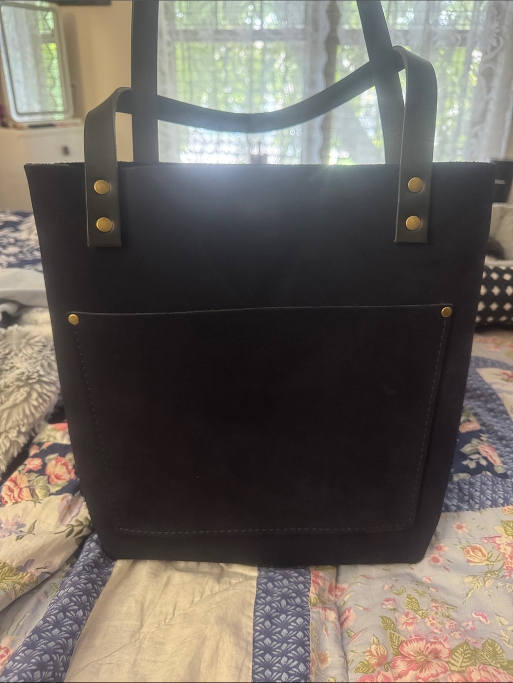 Portland leather Classic navy Suede Tote Bag with Front Pocket